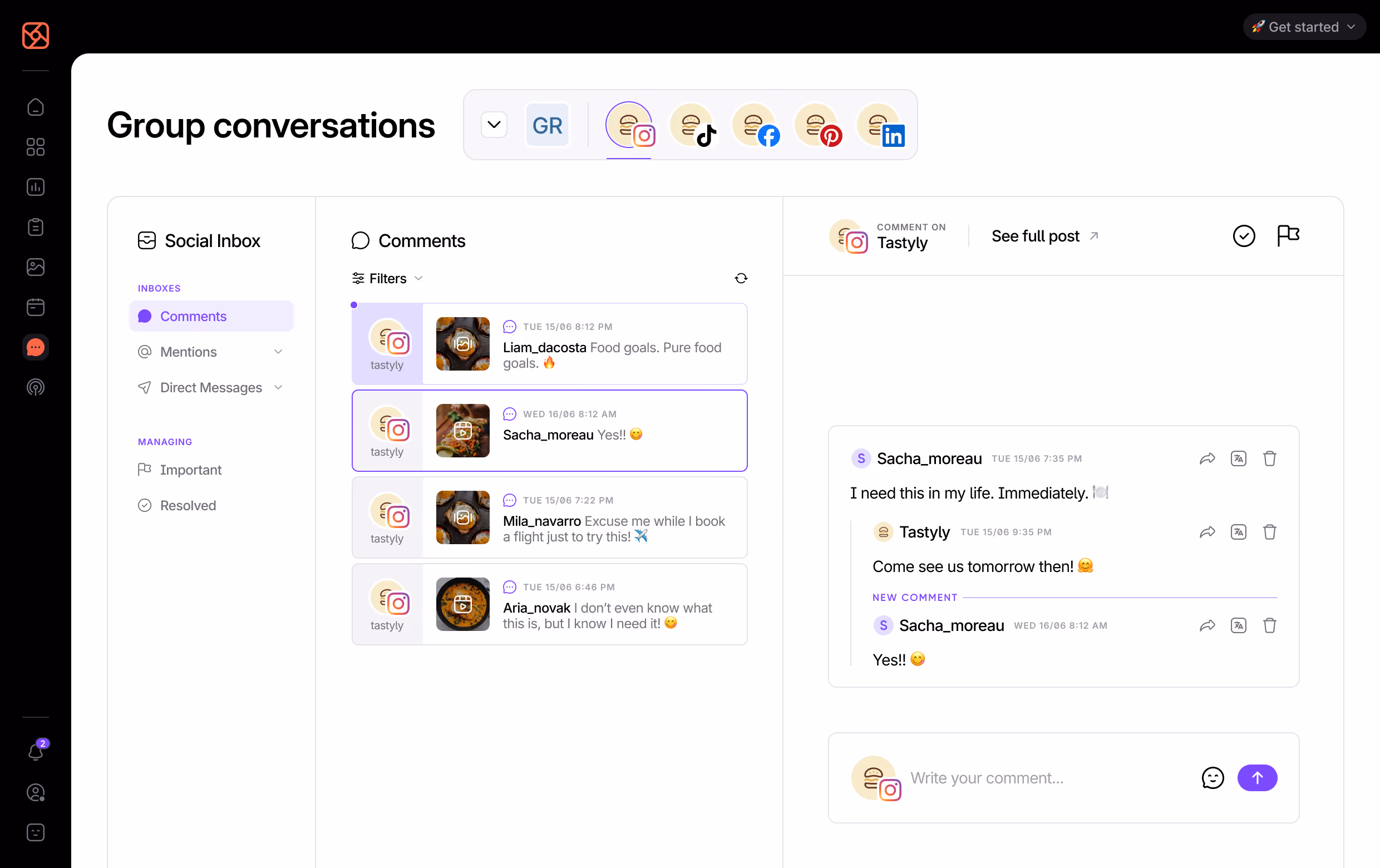Social media conversations dashboard for managing comments and messages