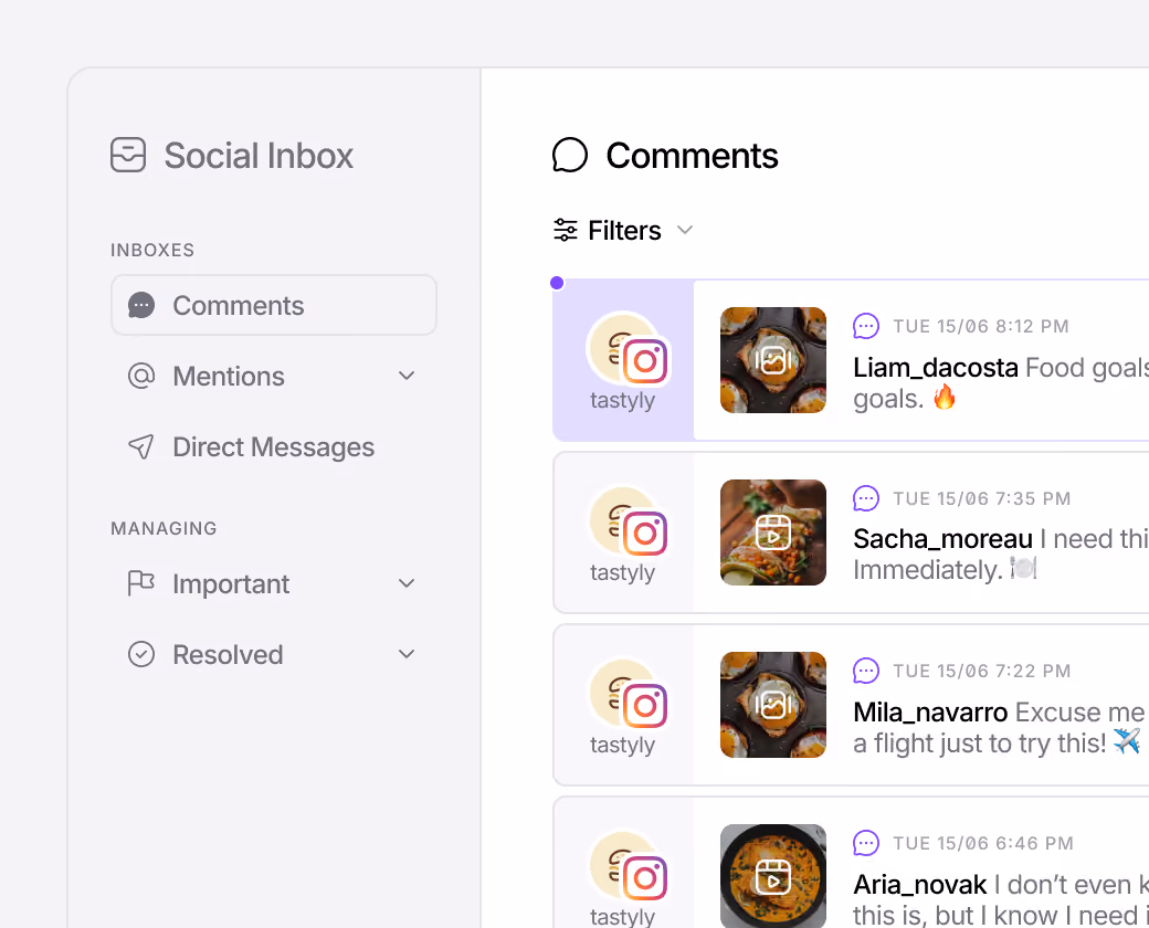 Social media inbox displaying comments from multiple accounts
