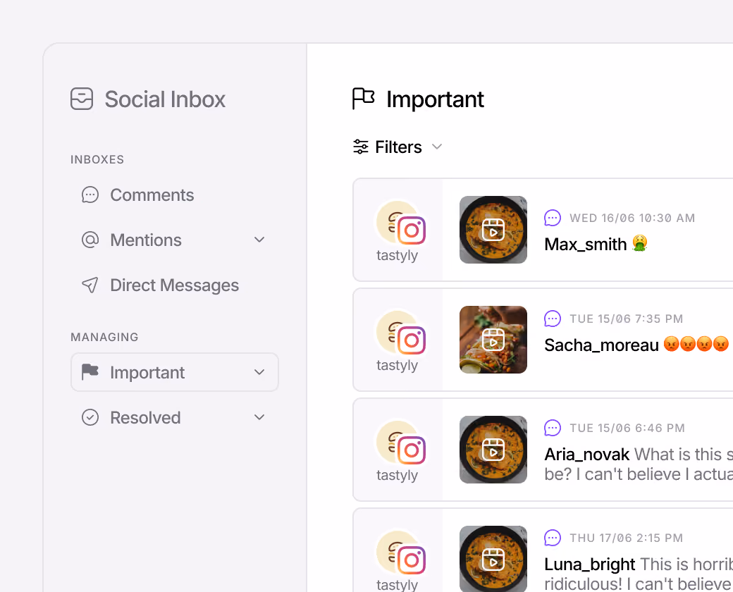 Social media inbox displaying important messages and conversations