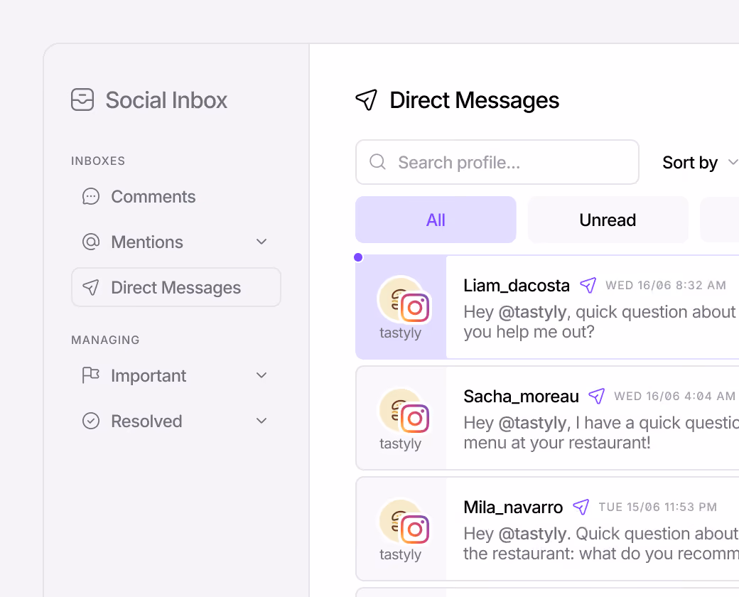 Social media inbox displaying direct messages across social platforms