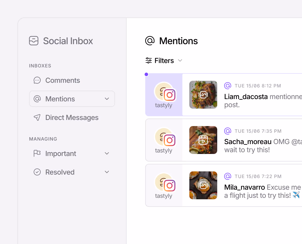 Social media inbox displaying mentions and conversations