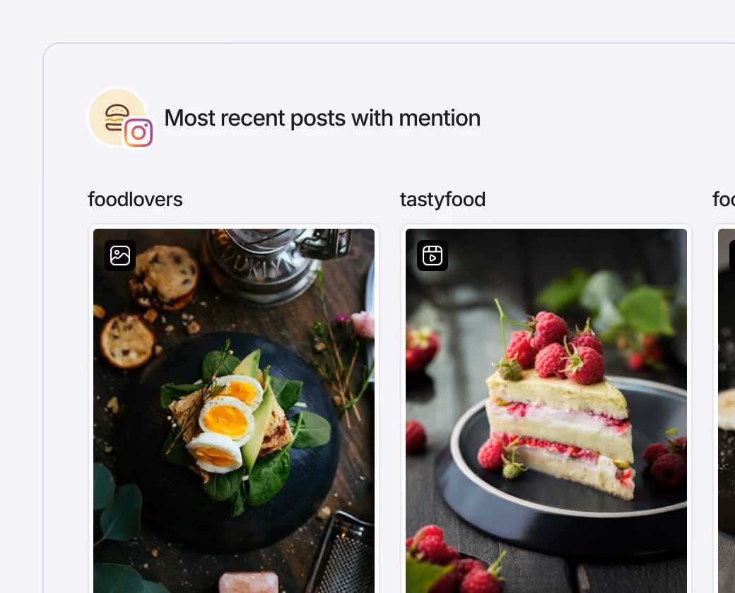 Social media monitoring feed showing recent posts mentioning selected accounts