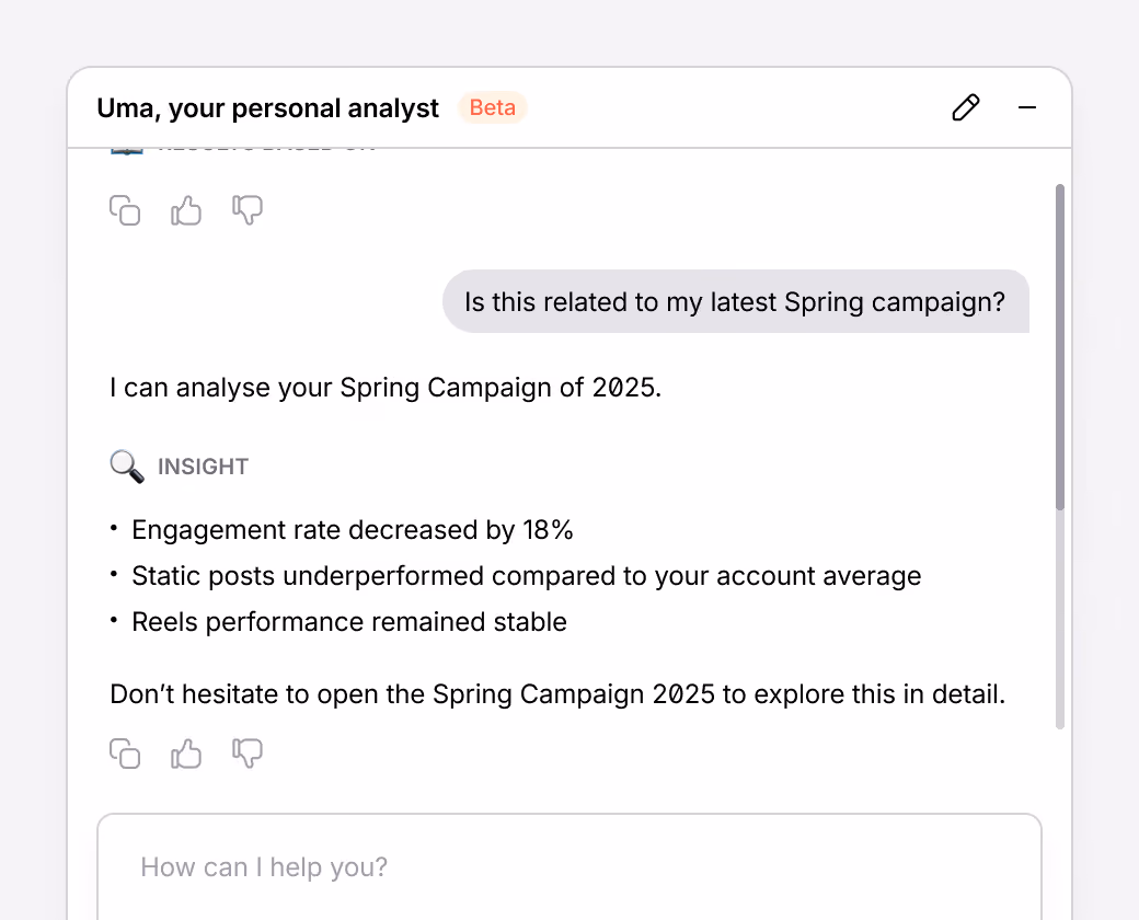 AI social media assistant analyzing campaign performance