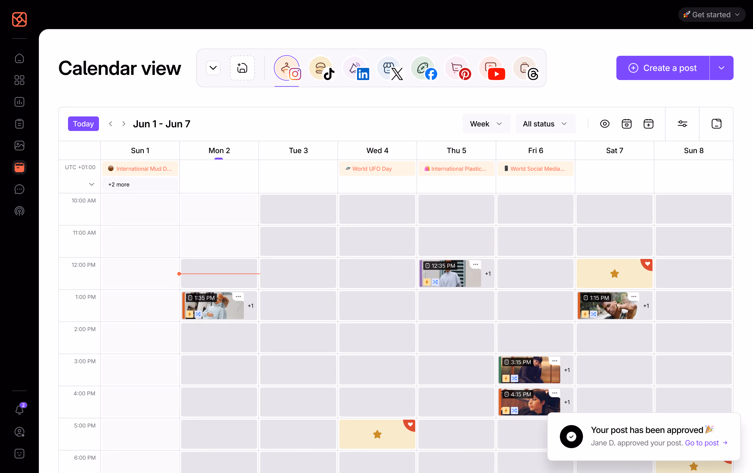 Social media content calendar showing scheduled posts across multiple platforms