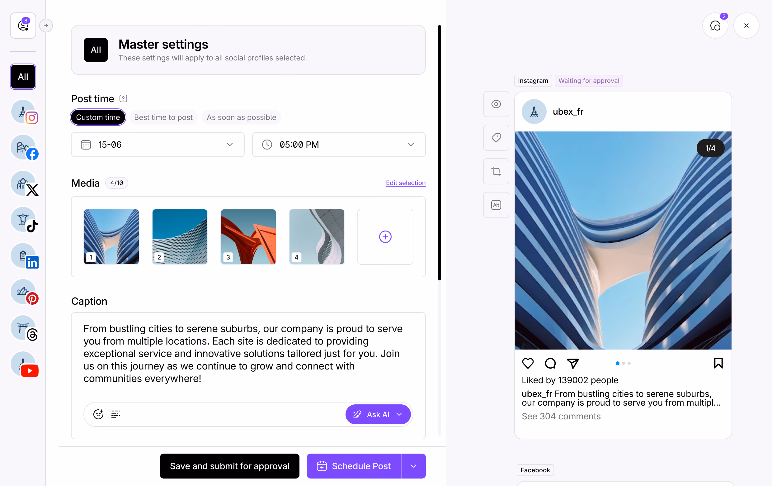 Social media publishing dashboard for creating and scheduling posts