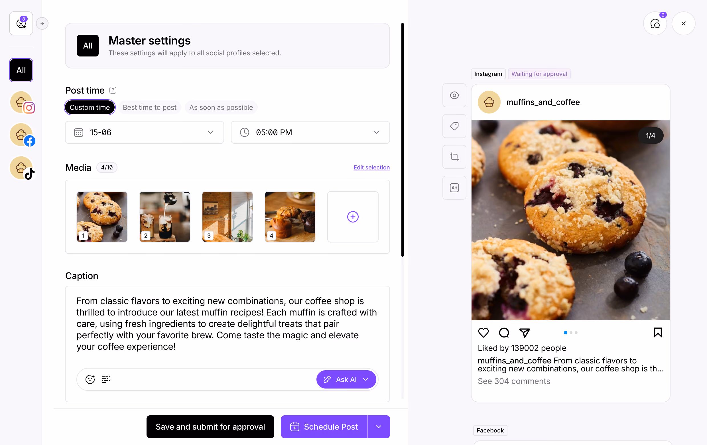 Social media publishing dashboard for creating and scheduling posts
