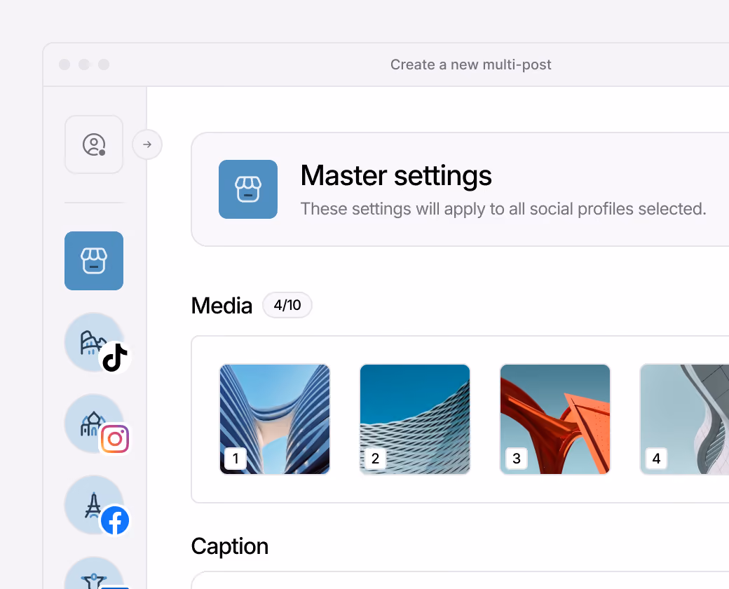 Social media editor for adding media and captions on multiple profiles