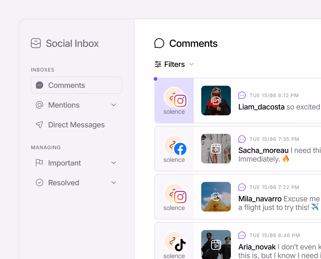 Social inbox for managing and responding to comments