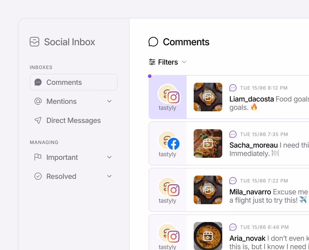 Social inbox for managing and responding to comments