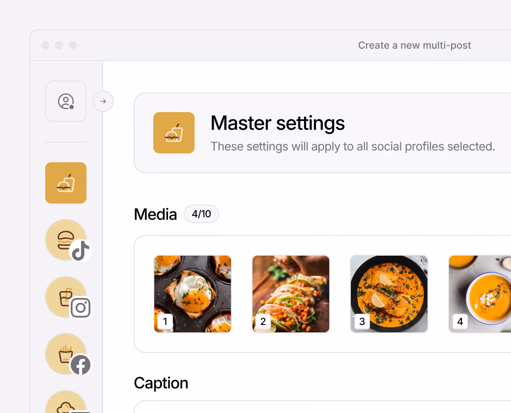 Social media editor for adding media and captions on multiple profiles