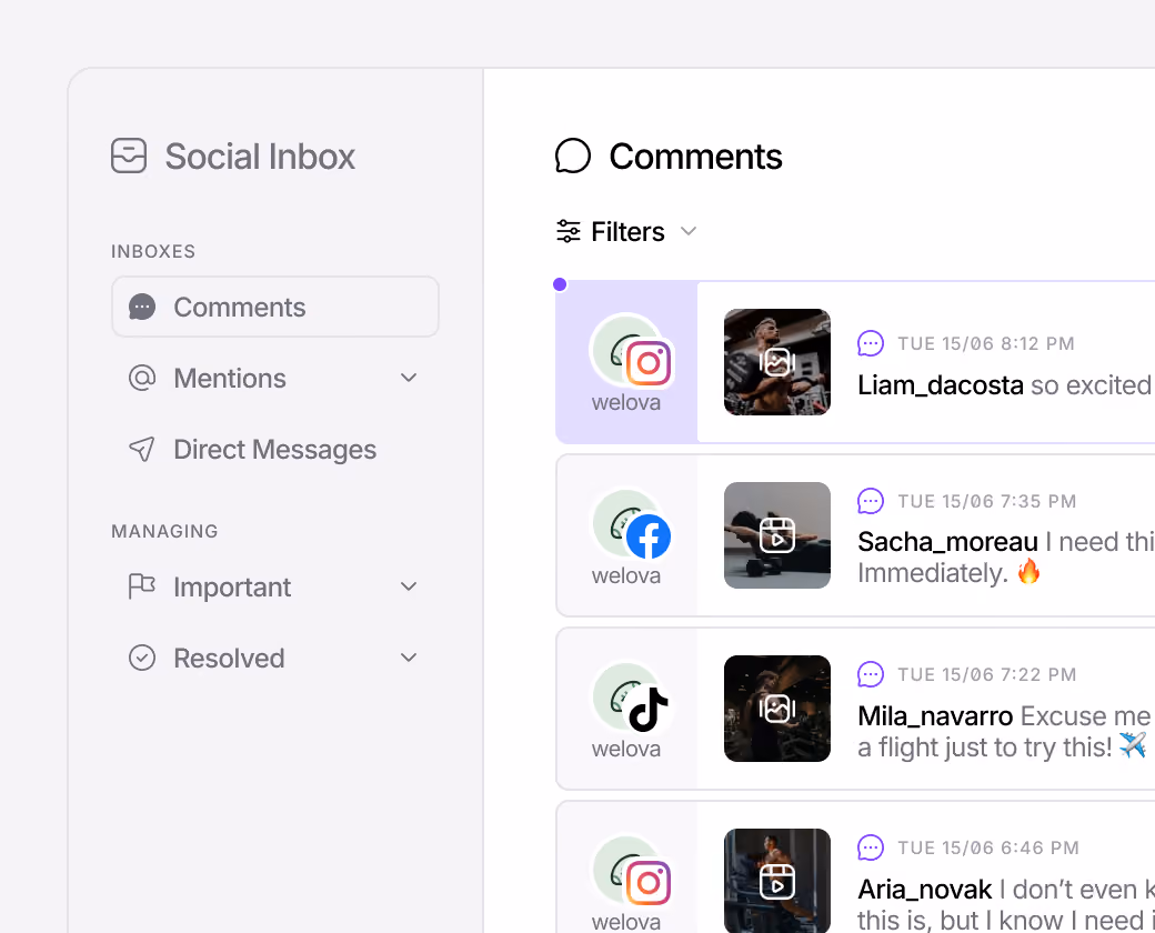Social inbox for managing and responding to comments