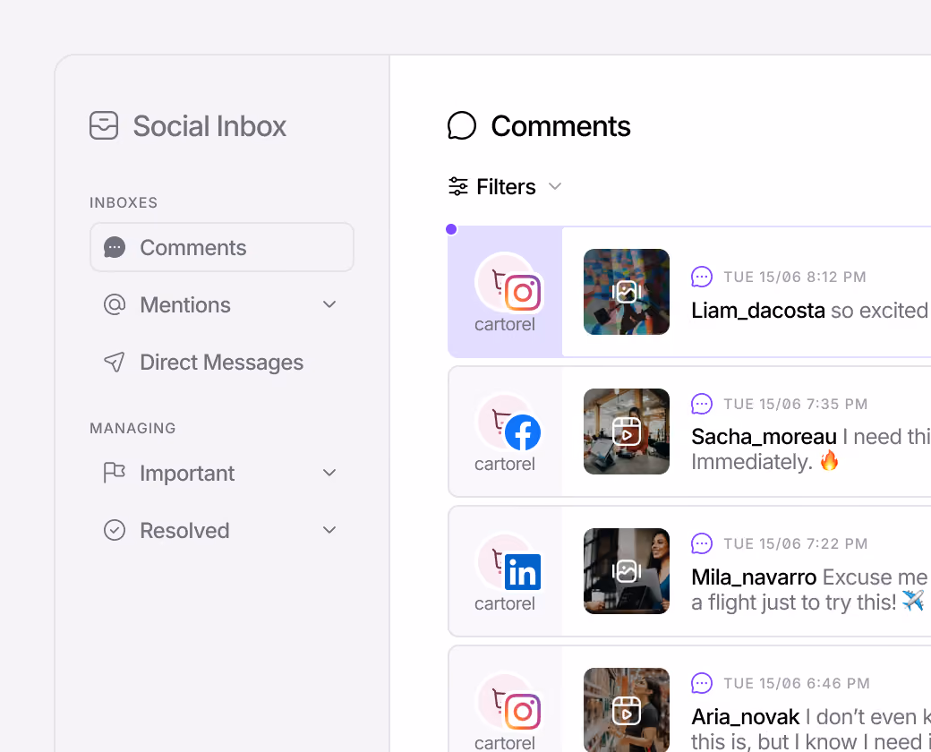 Social inbox for managing and responding to comments