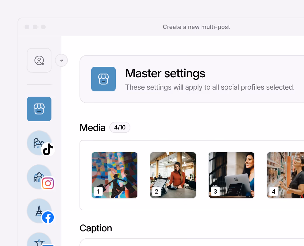 Social media editor for adding media and captions on multiple profiles