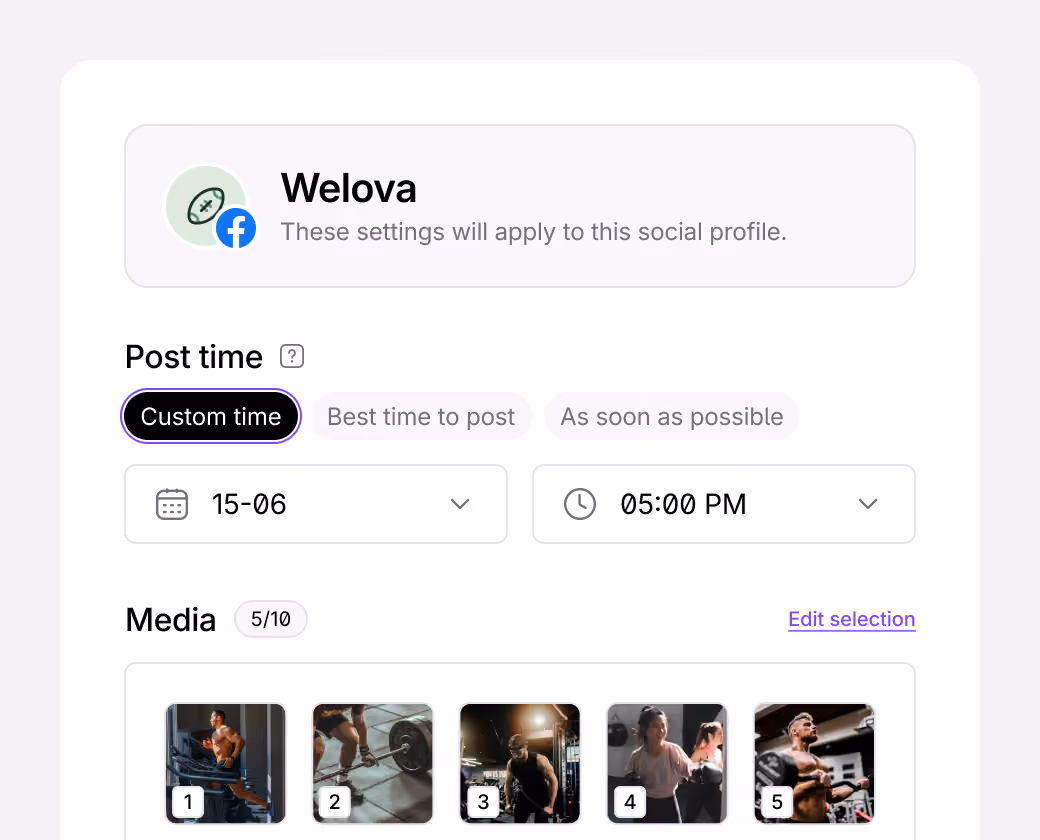 Facebook post publishing settings with scheduling and media options