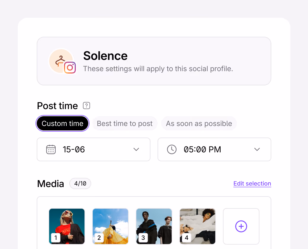 Instagram post publishing settings with scheduling and media options