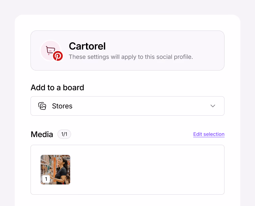Pinterest publishing settings for adding content to a board