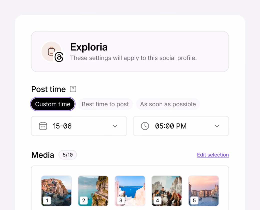 Threads post publishing settings with scheduling and media options