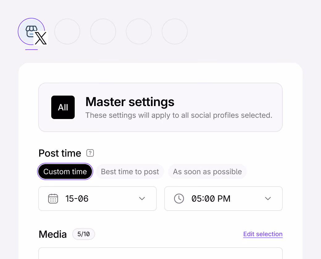 X post publishing settings with scheduling and media options