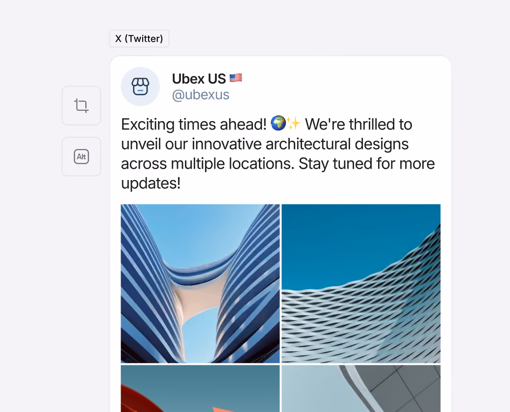 X post preview showing text, images, and engagement metrics