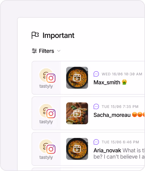 Social media inbox displaying important messages and comments