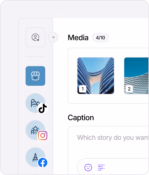 Social media post editor with media selection and caption fields