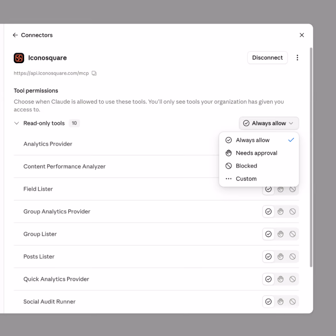 MCP connector settings panel with configurable permissions and data access