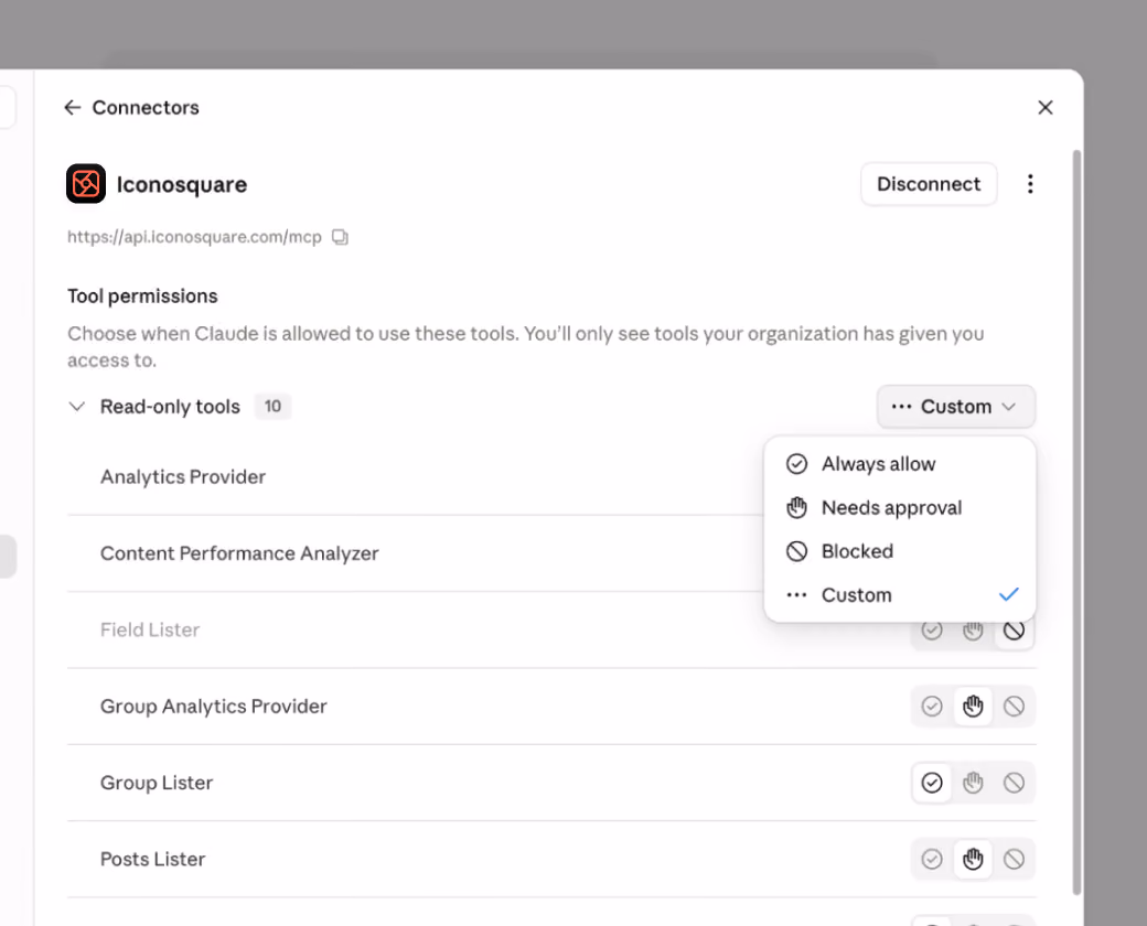 MCP connector permissions menu showing configurable access options