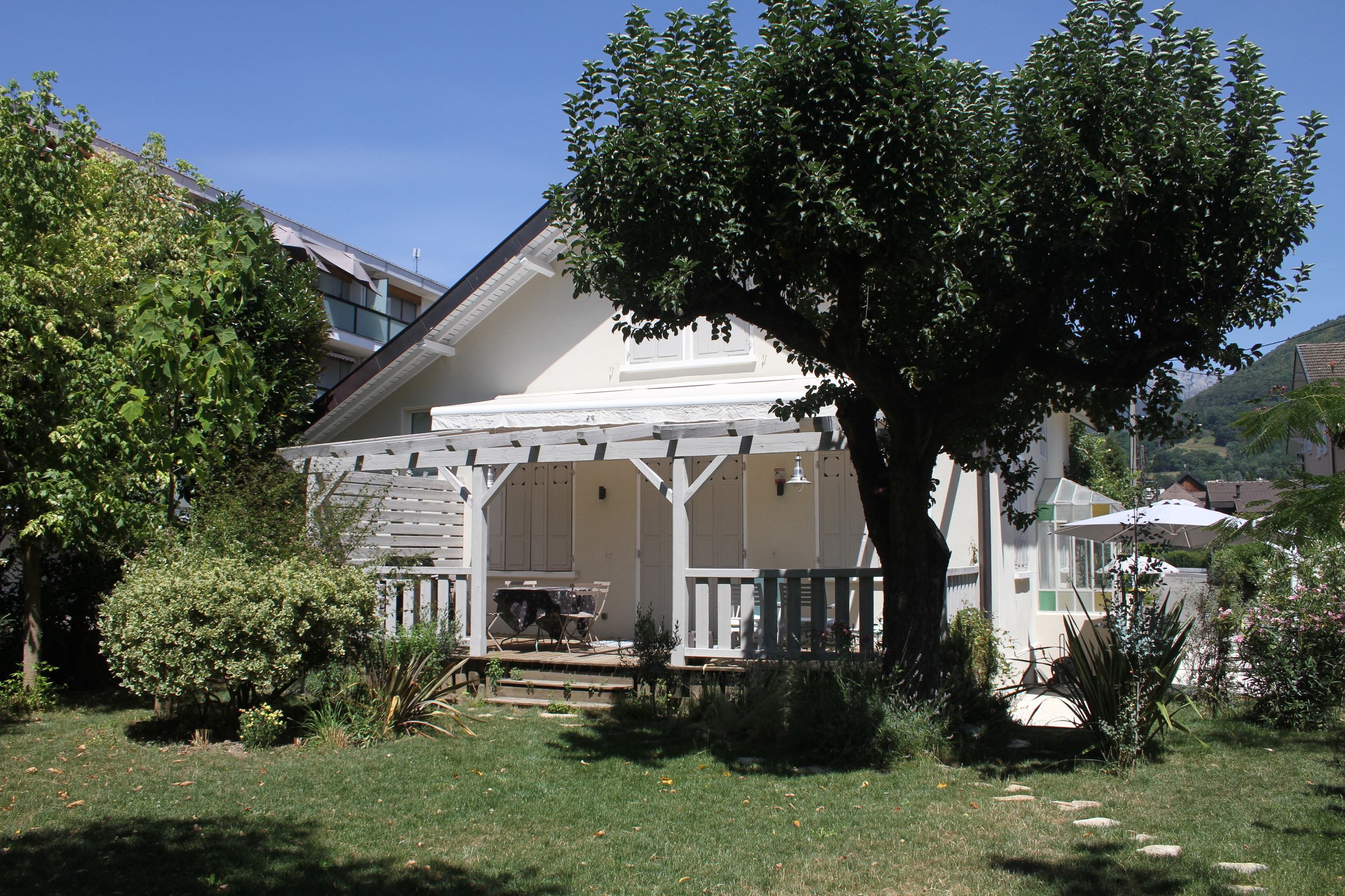 Grand jardin verdoyant avec arbre imposant et terrasse en bois sous pergola.