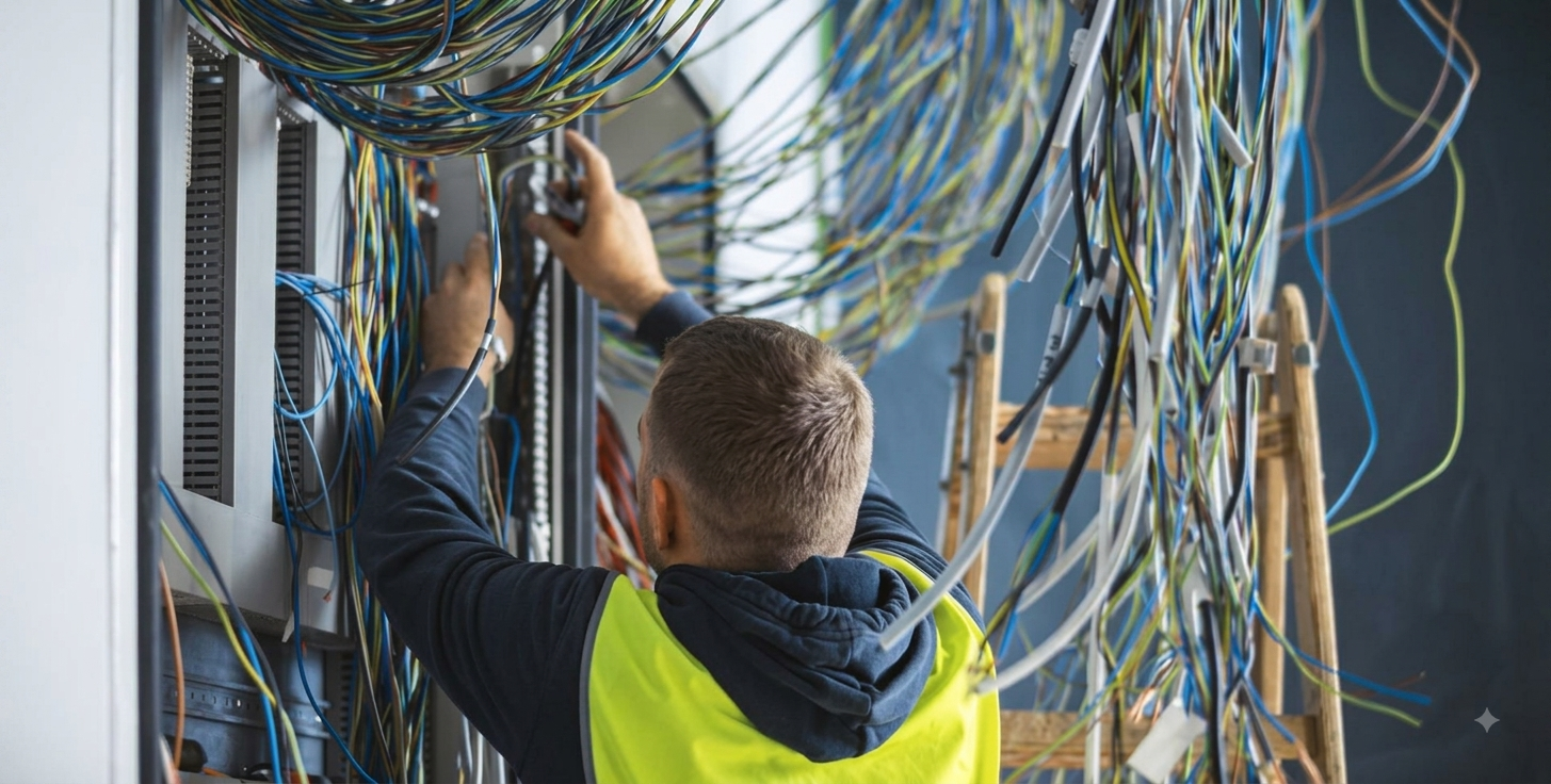 Ouvrier faisant l'installation électrique dans une maison