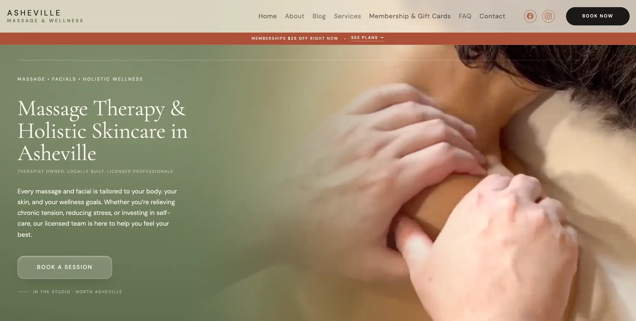 The Asheville Massage & Wellness homepage: a full-width photograph of a massage in progress beside the headline &ldquo;Massage Therapy & Holistic Skincare in Asheville&rdquo; and a booking button.