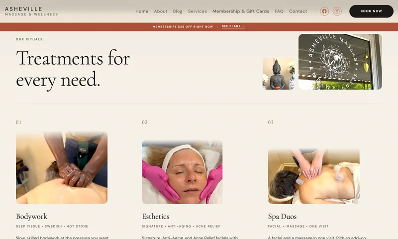 Asheville Massage and Wellness homepage, treatments