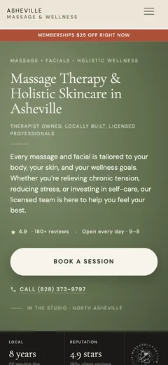 Asheville Massage and Wellness homepage on a phone