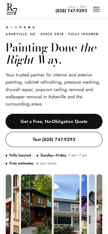 R7 Painting Service homepage on a phone
