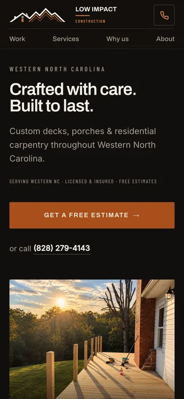 Low Impact Construction homepage on a phone
