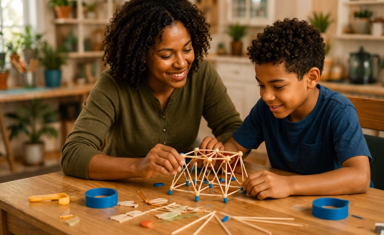 Woman and boy building a geometric structure with wooden sticks and connectors at a table.