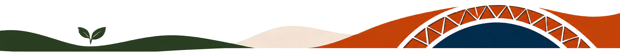 Stylized green hills with a small sprouting plant on the left and layered brown and beige hills on the right.