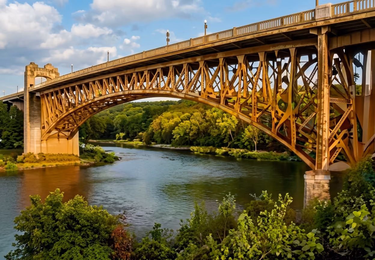 Rust-colored metal arch bridge over a river with green trees and blue sky with clouds.