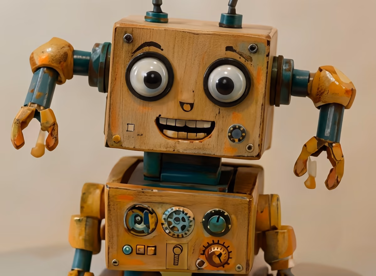 Rustic wooden robot toy with large eyes, a smiling mouth, claw hands, and mechanical details on its chest.