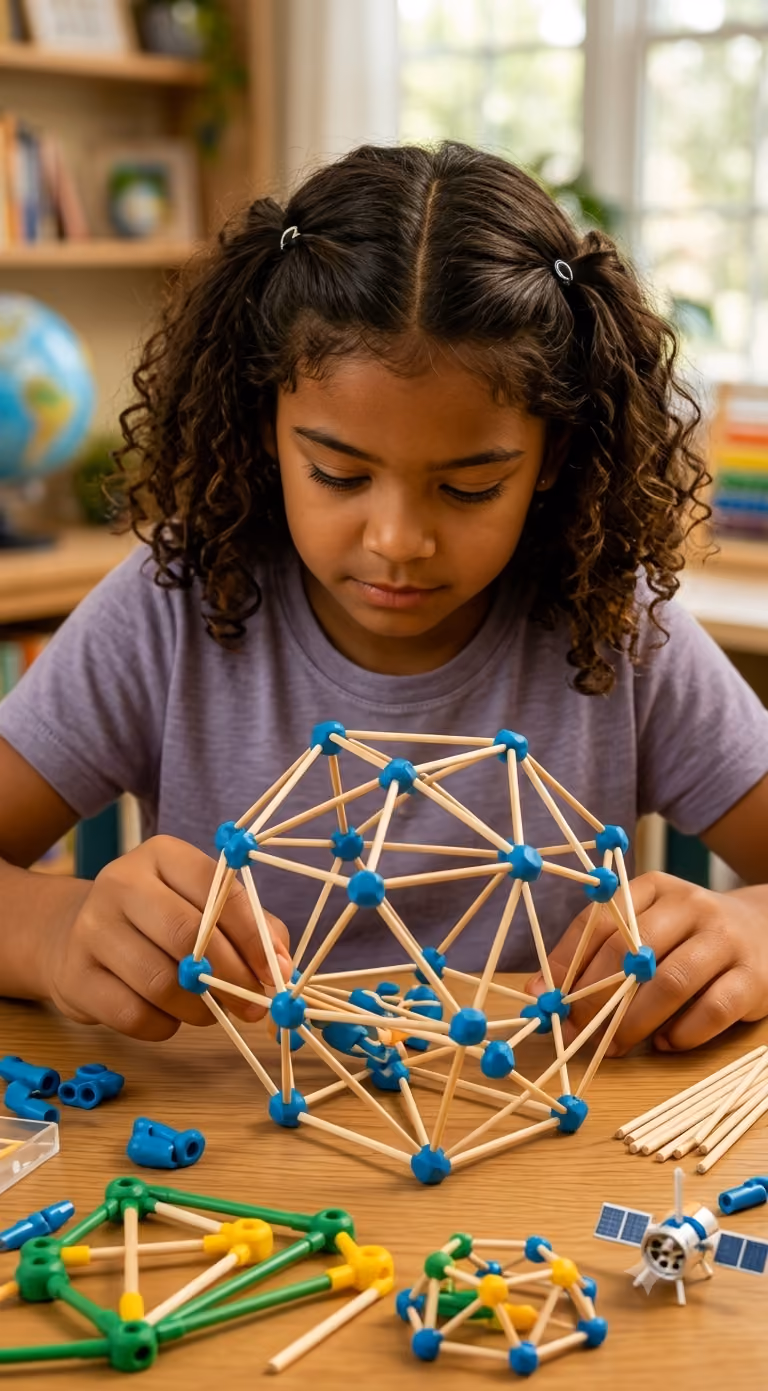 Girl with curly hair assembling a geometric model using sticks and blue connectors at a table.