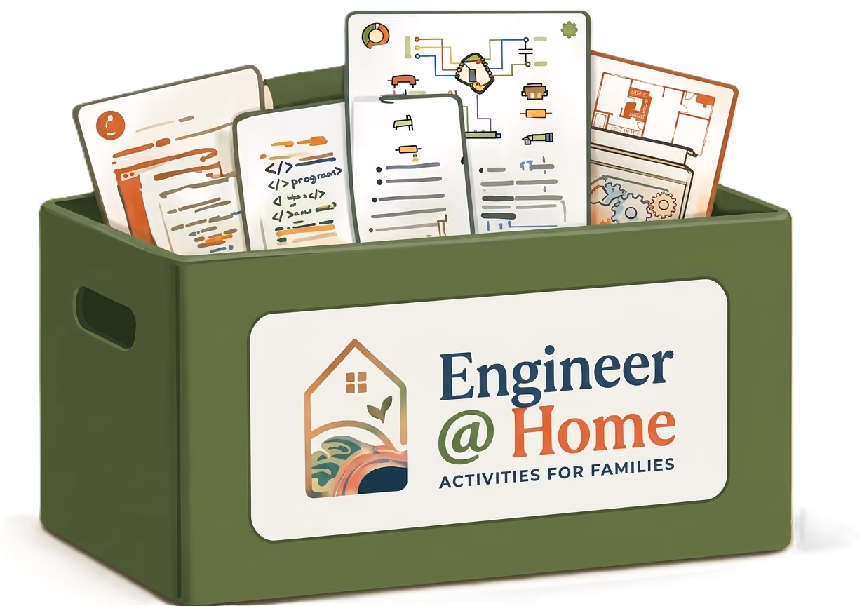 Green box labeled Engineer @ Home with family activity sheets featuring diagrams and code snippets inside.