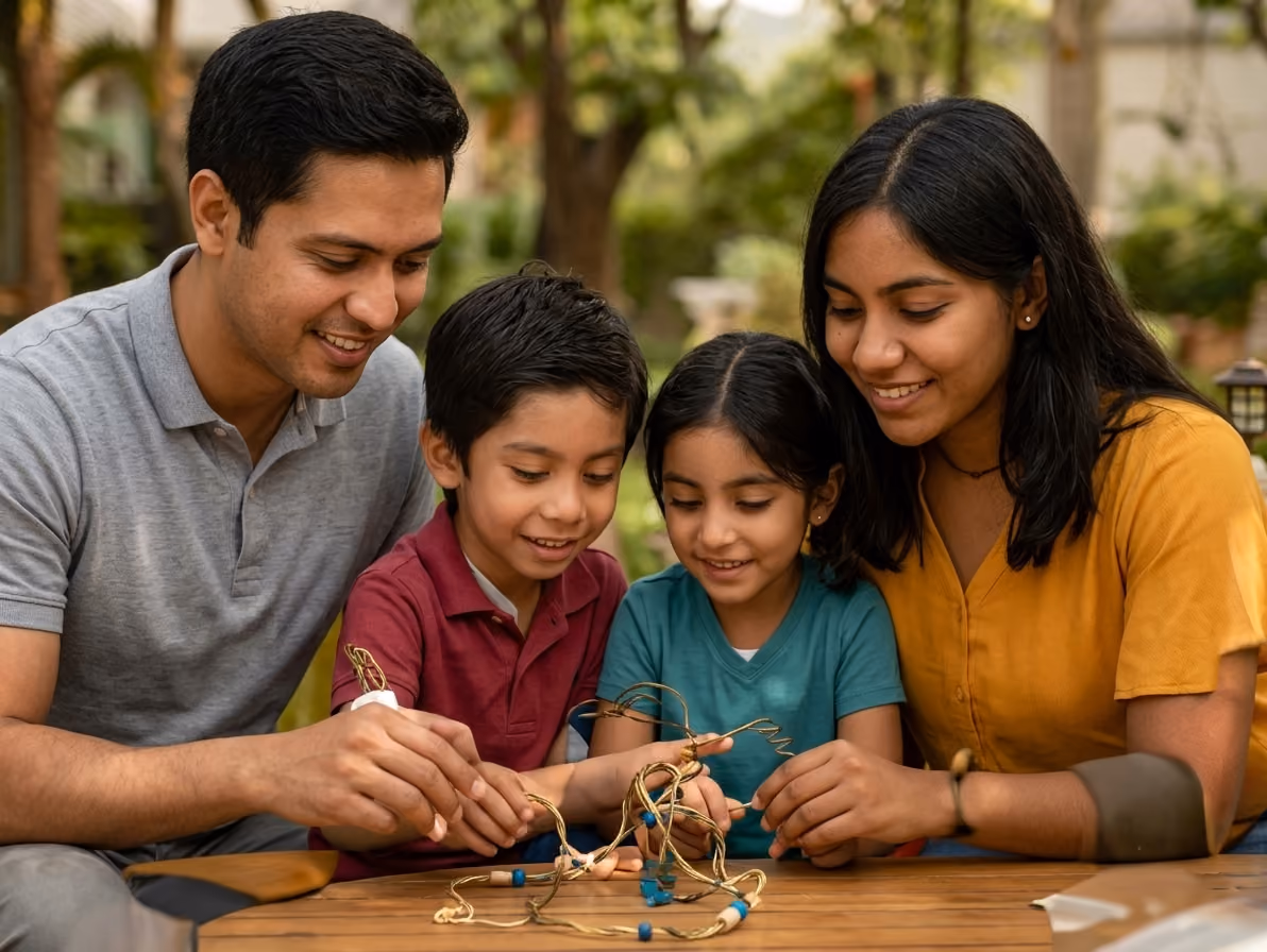 Smiling family of four assembling a craft project together at a wooden table outdoors.