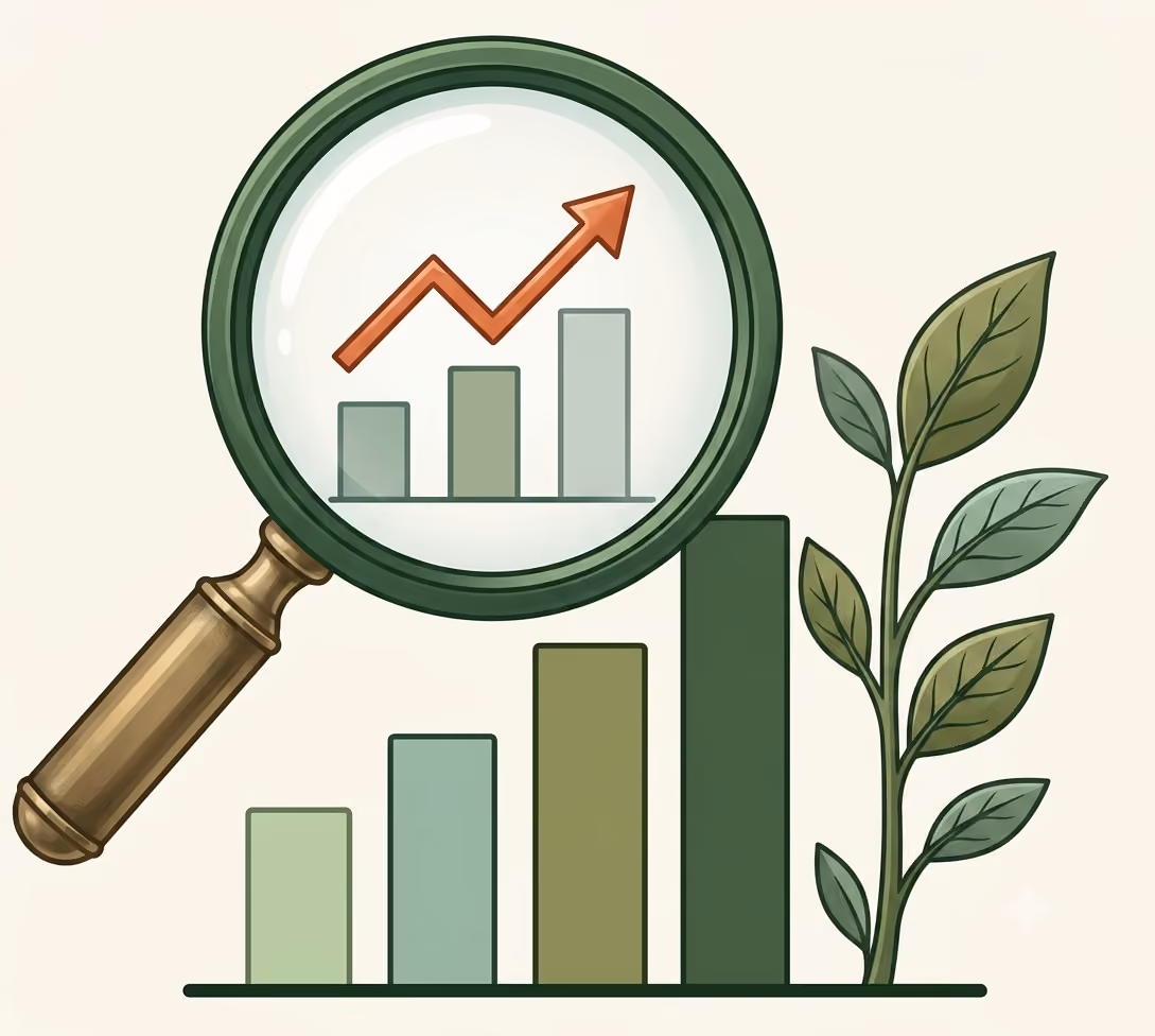 Magnifying glass over bar chart with upward arrow and a growing plant to the side.