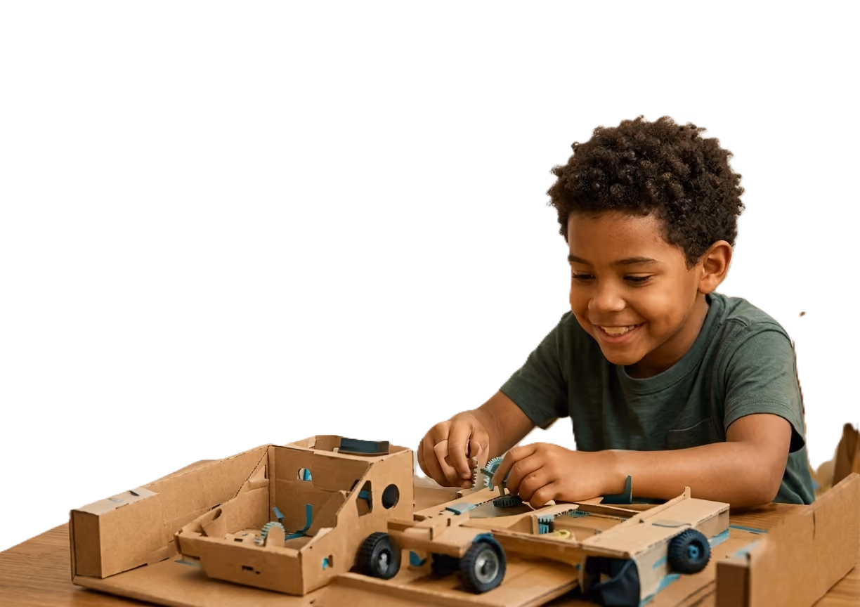 Smiling boy assembling gears on a cardboard vehicle model at a wooden table indoors.