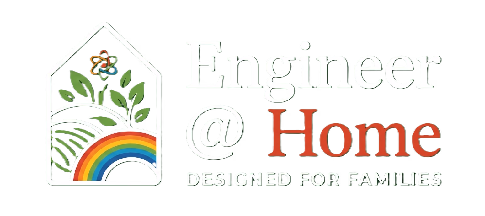 Engineer @ Home logo with house outline containing leaves, fields, a rainbow, and an atom symbol.