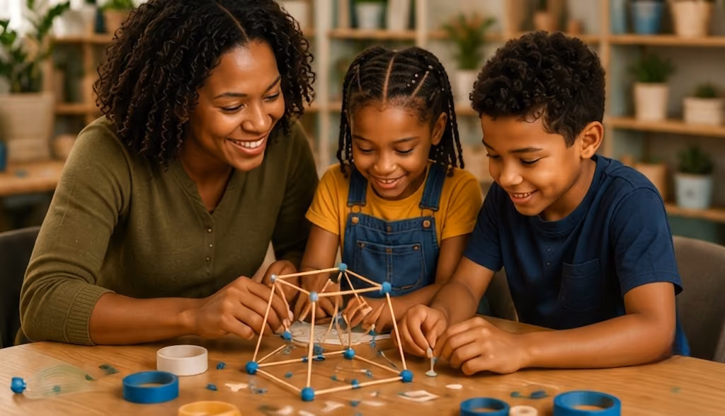 Woman and boy building a geometric structure with wooden sticks and connectors at a table.