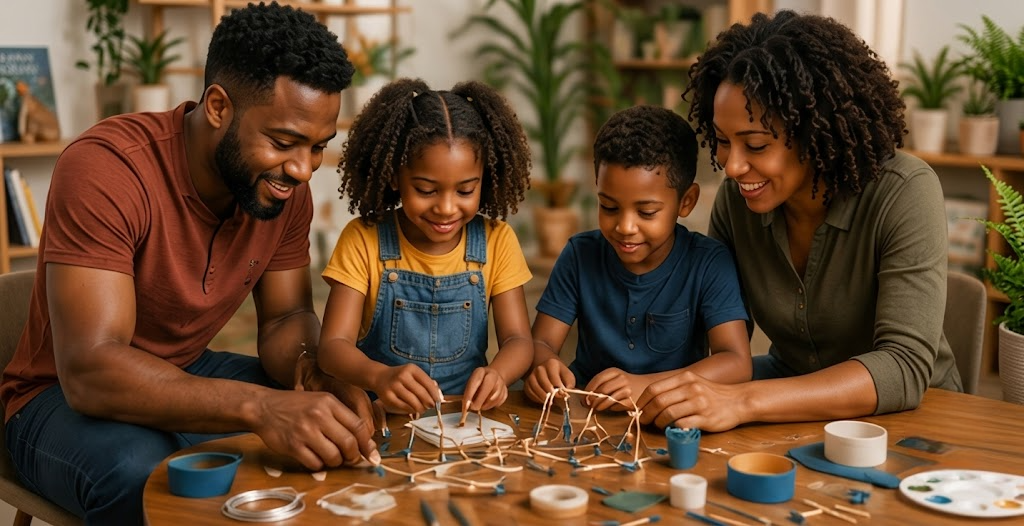 Woman and boy building a geometric structure with wooden sticks and connectors at a table.