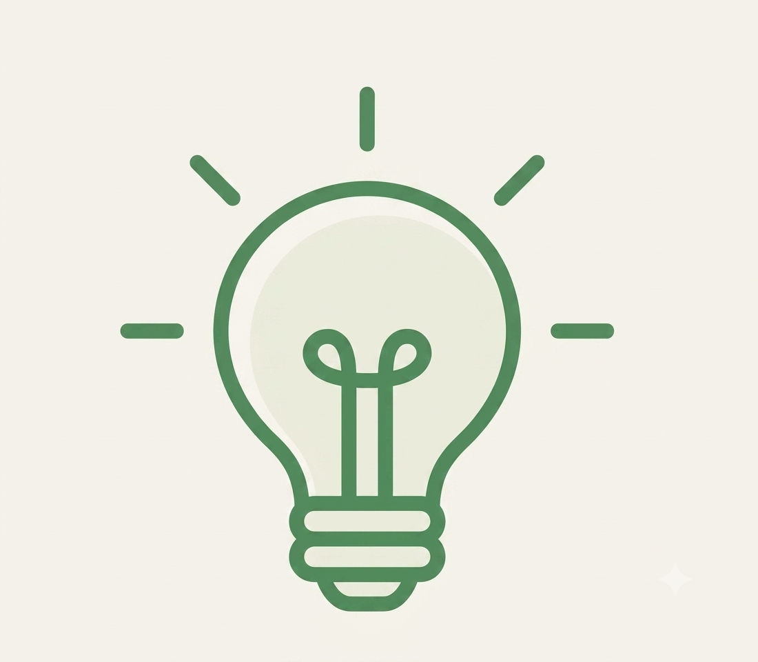 Green outlined light bulb icon with rays around it on a light beige background.