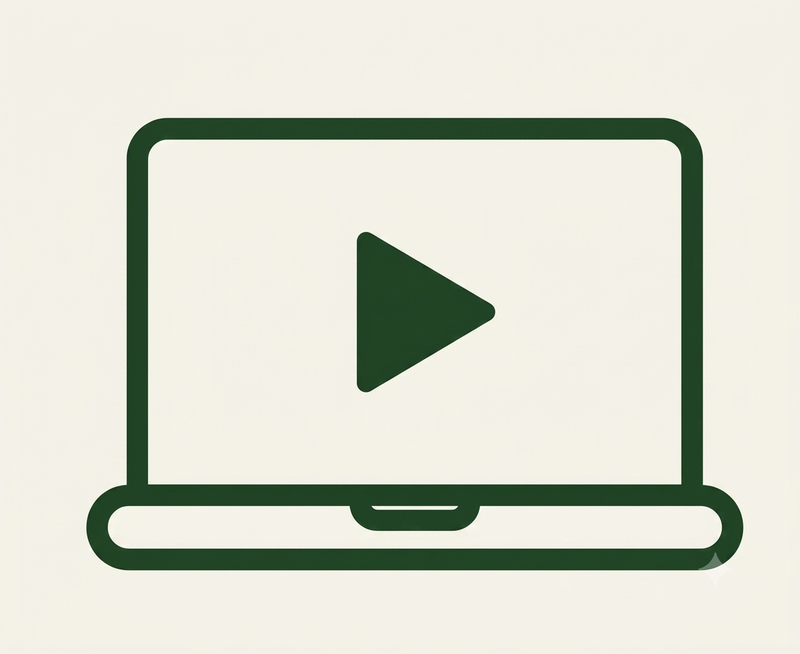 Laptop icon with a play button in the center of the screen.