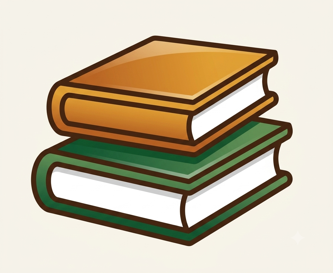Two stacked books, top one orange and bottom one green, with thick white pages.
