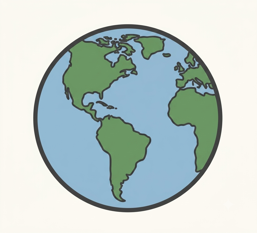 Illustration of Earth showing North and South America, parts of Europe and Africa surrounded by ocean.